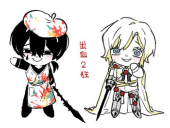 Rule 34 | 1boy, 1girl, apron, armored boots, beret, black eyes, black hair, black shirt, black shoes, blue eyes, boots, chibi, chibi only, closed mouth, commentary request, faust (project moon), full body, gauntlets, hat, holding, holding nail, igtw4s, limbus company, low ponytail, multicolored hair, n corp. fanatic (identity) (project moon), nail (hardware), open mouth, ponytail, project moon, ring (identity) (project moon), shirt, shoes, short hair, simple background, single gauntlet, smile, streaked hair, talisman, wax seal, white apron, white background, white hair, white hat, white shirts, yi sang (project moon)