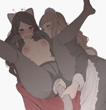 2girls anal anal_object_insertion anal_tail animal_ears black_gloves black_hair blonde_hair blunt_bangs blush breasts brown_eyes brown_hair_maid_(mdf_an) butt_plug cat_ears cat_tail clothing_aside fake_animal_ears fake_tail gloves grey_background grey_legwear heart heart_in_mouth kneepits long_hair long_sleeves looking_at_another looking_down maid maid_headdress mdf_an medium_breasts mole mole_under_eye multiple_girls navel nipples object_insertion open_mouth original panties panties_aside panties_under_pantyhose pantyhose red_dress_girl_(mdf_an) simple_background smile sweat tail torn_clothes torn_legwear underwear white_panties yuri