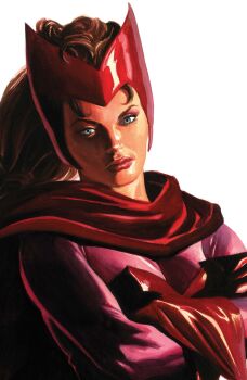 1girl absurdres alex_ross avengers_(series) blue_eyes brown_hair cape comic_cover cover cover_page crossed_arms curly_hair eyeshadow gloves highres leotard looking_at_viewer makeup marvel official_art pink_bodystocking ponytail realistic red_cape red_eyeshadow red_gloves red_leotard red_lips red_tiara scarlet_witch solo superhero_costume upper_body wanda_maximoff western_comics_(style) white_background