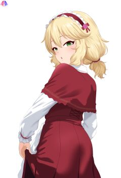 1girl :o absurdres blonde_hair blush capelet commentary dress frilled_hairband frilled_sleeves frills green_eyes hairband highres idolmaster idolmaster_cinderella_girls logo long_sleeves looking_back mrhunking red_capelet red_dress sakurai_momoka short_twintails simple_background solo twintails white_background