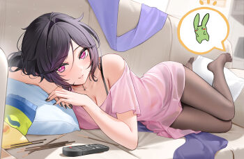 1girl absurdres ashley_graves bag_of_chips bare_shoulders basilcopperhand black_bra black_choker black_hair black_nails black_panties bra bra_visible_through_clothes breasts bright_pupils brown_pantyhose choker cleavage commentary commission controller couch cowlick dutch_angle english_commentary feet food full_body grin hair_between_eyes hair_intakes head_on_pillow highres implied_incest indoors knees_together_feet_apart light_particles looking_at_viewer lying medium_breasts medium_hair nail_polish navel no_shoes o-ring o-ring_choker off-shoulder_shirt off_shoulder on_couch on_side own_hands_together panties pantyhose pillow pink_eyes pink_shirt pocky ponytail remote_control see-through_clothes see-through_shirt shirt short_sleeves smile solo spoken_animal the_coffin_of_andy_and_leyley toes underwear