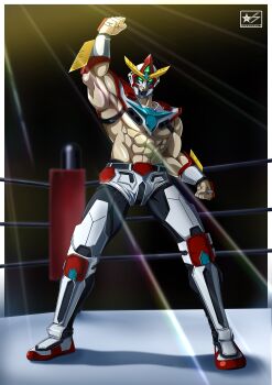 1boy absurdres arms_up bravern highres looking_at_viewer luchador luchador_mask male_focus mask muscular muscular_male samhoshi7 smile v-fin wrestler wrestling wrestling_boots wrestling_mask wrestling_outfit wrestling_ring yuuki_bakuhatsu_bang_bravern