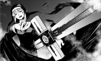 Rule 34 | 1girl, bad id, bad pixiv id, clarice (cinderella girls), clarice (idolmaster), closed eyes, cross, female focus, greyscale, gun, habit, hiroki (plt), idolmaster, idolmaster cinderella girls, long hair, machine gun, monochrome, nun, nun headdress, ohara hiroki, open mouth, parody, smile, solo, traditional nun, trigun, weapon