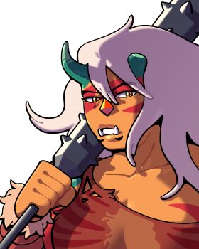 Rule 34 | 1girl, alternate costume, breasts, broken horn, cleavage, club, club (weapon), colored skin, discount-supervillain, gem, gem (steven universe), green horns, horns, jasper (steven universe), jasper (uncorrupted) (steven universe), kanabou, long hair, muscular, muscular female, oni, orange eyes, orange skin, shirt, solo, spiked club, steven universe, steven universe future, striped skin, teeth, tusks, weapon, white hair