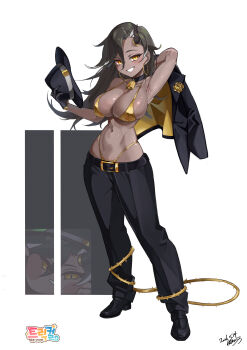 1girl absurdres armpits bell belt bikini bikini_under_clothes black_belt black_collar black_gloves black_hair black_hat black_jacket black_pants black_shoes breasts collar commentary_request copyright_name cowbell dark-skinned_female dark_skin dated dress_shoes earrings fedora floating_hair fomyu_(formula) full_body full_cleavage gloves gold_bikini grin hair_between_eyes hat highleg highleg_bikini highres holding holding_unworn_clothes holding_unworn_hat holding_unworn_jacket hoop_earrings horns jacket jewelry korean_commentary large_breasts light_blush long_hair looking_at_viewer multicolored_hair multicolored_jacket navel pants shoes signature single_horn smile snorky_(trickcal) solo standing streaked_hair string_bikini suit_jacket suit_pants swimsuit trickcal two-sided_fabric two-sided_jacket two-tone_jacket unworn_hat unworn_headwear unworn_jacket white_hair yellow_eyes yellow_jacket