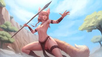 1girl animal_ears blonde_hair braid cleft_of_venus day flat_chest fox_ears fox_tail highres holding holding_polearm holding_weapon khiara_(personal_ami) leg_wrap loincloth navel nipples no_panties orange_eyes original outdoors personal_ami polearm pussy solo spear tail thigh_strap throwing topless_female ullr uncensored weapon
