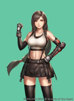 1girl anbe_yoshirou bare_shoulders black_gloves black_hair black_skirt black_sports_bra black_thighhighs breasts clenched_hands closed_mouth commentary_request copyright_notice crop_top earrings elbow_gloves feet_out_of_frame final_fantasy final_fantasy_vii final_fantasy_vii_rebirth final_fantasy_vii_remake gloves green_background hand_on_own_hip hand_up jewelry large_breasts lips long_hair looking_at_viewer low-tied_long_hair magic:_the_gathering midriff miniskirt navel official_art pink_lips red_eyes single_arm_guard single_earring skirt solo sports_bra square_enix straight-on suspender_skirt suspenders swept_bangs tank_top thighhighs tifa_lockhart white_tank_top zettai_ryouiki