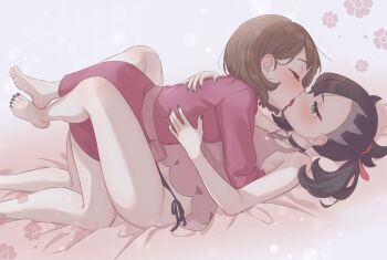 Rule 34 | 2girls, all fours, barefoot, bed sheet, black nails, blush, brown hair, commentary request, dress, eyelashes, flower symbol, french kiss, from side, gloria (pokemon), green eyes, hair ribbon, highres, kiss, leg lock, legs up, marnie (pokemon), multiple girls, n2ewu, nail polish, nintendo, panties, pokemon, pokemon swsh, purple dress, red ribbon, ribbon, short hair, side-tie panties, thighs, toenail polish, toenails, toes, tongue, tongue out, twintails, underwear, white background, yuri
