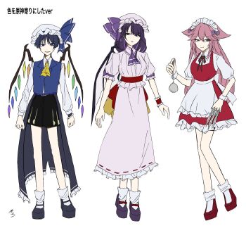 Rule 34 | 1boy, 2girls, animal ears, apron, arms at sides, ascot, bat wings, between fingers, black hair, black shoes, black shorts, blouse, blue vest, blunt bangs, blunt ends, bow, clenched hands, closed mouth, coattails, collar, collared shirt, cosplay, crystal wings, dress, empty eyes, eyelashes, flandre scarlet, flandre scarlet (cosplay), footwear bow, fox ears, frilled apron, frilled collar, frilled dress, frilled headwear, frilled skirt, frilled sleeves, frilled wrist cuffs, frills, full body, genshin impact, hair bow, hakama, hakama shorts, haru8 gnsn, hat, hat ribbon, highres, holding, holding knife, holding ladle, izayoi sakuya, izayoi sakuya (cosplay), japanese clothes, knife, knives between fingers, ladle, long hair, long skirt, long sleeves, maid, maid apron, maid headdress, mob cap, mother and son, multicolored hair, multiple girls, open hands, parted lips, pink hair, pleated shorts, puffy sleeves, purple ascot, purple bow, purple eyes, purple hair, purple shirt, purple shoes, purple skirt, purple sleeves, raiden shogun, red bow, red dress, red ribbon, red shoes, red wrist cuffs, remilia scarlet, remilia scarlet (cosplay), ribbon, ribbon-trimmed skirt, ribbon trim, scaramouche (genshin impact), shirt, shoes, shorts, skirt, sleeveless, sleeveless jacket, smile, smirk, socks, standing, streaked hair, swept bangs, throwing knife, touhou, translation request, undershirt, vest, weapon, white apron, white background, white hat, white mouth, white shirt, white sleeves, white socks, white trim, white wrist cuffs, wings, wispy bangs, wrist cuffs, yae miko, yellow ascot