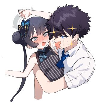 1boy 1girl apron armpit_focus armpits bare_shoulders black_hair blue_archive blue_eyes blue_necktie blush braid braided_bun butterfly_hair_ornament china_dress chinese_clothes collared_shirt commentary_request cropped_arms double_bun dragon_print dress embarrassed grey_eyes grey_halo hair_bun hair_ornament halo hetero highres je_o_mo kisaki_(blue_archive) licking licking_armpit long_hair necktie nose_blush print_dress sensei_(blue_archive) shirt short_hair short_sleeves simple_background striped_clothes sweatdrop twintails upper_body vertical-striped_clothes whipped_cream white_background white_shirt