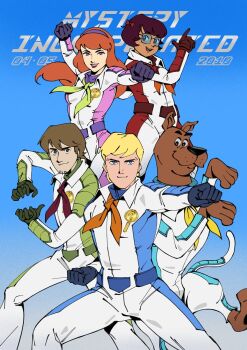 Rule 34 | 2boys, 2girls, animal ears, anniversary, ascot, badge, blonde hair, blue background, blue eyes, blue gloves, bow, brown fur, brown hair, commentary, daphne blake, dog, dog ears, dog tail, english commentary, english text, facial hair, freckles, fred jones, glasses, gloves, goatee stubble, great dane, green ascot, green gloves, grin, hair bow, headband, highres, long hair, looking at viewer, multiple boys, multiple girls, officeanomaly, open mouth, orange ascot, orange hair, purple eyes, purple gloves, purple headband, red ascot, red bow, red gloves, scooby-doo, scooby-doo (series), shaggy rogers, short hair, simple background, smile, stubble, tail, tan, teeth, tongue, upper teeth only, velma dinkley, white track suit