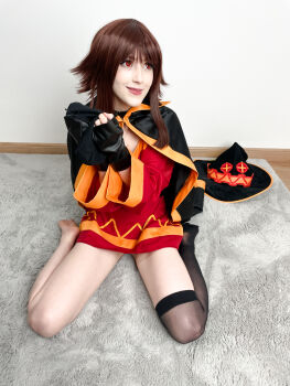 Rule 34 | 1girl, absurdres, asymmetrical legwear, barefoot, black cape, black gloves, black hat, black thighhighs, blunt bangs, brown hair, cape, cosplay, cosplay photo, dress, eyeliner, feet, fingerless gloves, floor, gloves, hat, highres, kneeling, kono subarashii sekai ni shukufuku wo!, lips, long hair, looking to the side, looking up, makeup, megumin, megumin (cosplay), mismatched legwear, on floor, orange trim, own hands clasped, photo (medium), red dress, red eyes, rug, sidelocks, single thighhigh, smile, soles, solo, stelarhoshi, teeth, thighhighs, unworn headwear, wall, witch hat