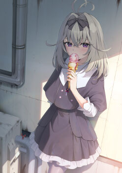 Rule 34 | 1girl, absurdres, antenna hair, black dress, black ribbon, commentary request, dress, food, frilled dress, frills, grey hair, grey pantyhose, hair between eyes, hair intakes, hair ribbon, highres, holding, holding food, holding ice cream, ice cream, indoors, light blush, looking at viewer, medium hair, meitantei precure!, moria luluka, pantyhose, precure, purple eyes, ribbon, sidelocks, solo, yuuri nayuta