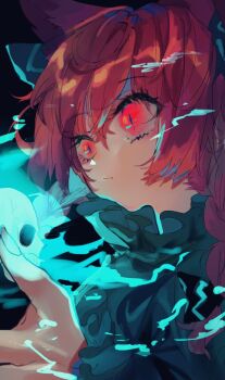 1girl animal_ears black_background blue_fire cat_ears cat_girl closed_mouth commentary_request dress expressionless fire flaming_skull green_dress kaenbyou_rin looking_afar one-hour_drawing_challenge red_eyes red_hair shinjitsu_no_kuchi simple_background skull slit_pupils solo touhou upper_body