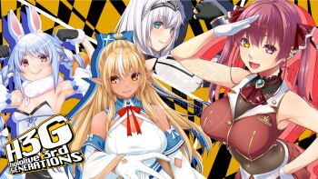 4girls asakura_sakura black_gloves black_leotard blonde_hair blue_hair braid breasts cleavage closed_mouth cropped_jacket dark-skinned_female dark_elf dark_skin dress elf fingerless_gloves gloves green_eyes grey_hair hair_ribbon heterochromia hololive hololive_fantasy houshou_marine houshou_marine_(1st_costume) jacket large_breasts leotard leotard_under_clothes looking_at_viewer multicolored_hair multiple_girls open_mouth orange_eyes pointy_ears red_eyes red_hair red_jacket red_ribbon ribbon salute shiranui_flare shiranui_flare_(1st_costume) shirogane_noel shirogane_noel_(1st_costume) sleeveless sleeveless_jacket small_breasts streaked_hair twin_braids two-tone_hair usada_pekora usada_pekora_(1st_costume) virtual_youtuber white_dress white_gloves white_hair yellow_eyes