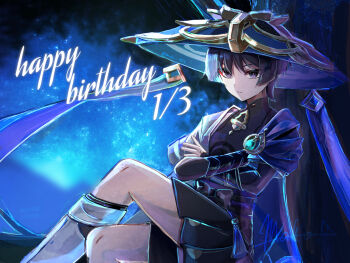 Rule 34 | 1boy, absurdres, against tree, aqua gem, armor, belt, black belt, black bodysuit, black bow, black bridal gauntlets, black shorts, blue hat, blue sleeves, blunt ends, bodysuit, bow, bridal gauntlets, cape, choppy bangs, closed mouth, commentary request, covered collarbone, crossed arms, crossed legs, dated, expressionless, eyeliner, gem, genshin impact, gold, gold ring, hakama, hakama shorts, happy birthday, hat, highres, japanese armor, japanese clothes, jingasa, kimono, kote, kurokote, layered sleeves, leg warmers, looking at viewer, ma mohumohu, makeup, male focus, mandarin collar, middle ring, night, open clothes, open kimono, outdoors, pleated shorts, purple cape, purple eyes, purple pupils, purple rope, purple sash, red eyeliner, rope, sash, scaramouche (genshin impact), short sleeves, shorts, shoulder peek, sidelighting, signature, sitting, sitting on branch, sky, solo, star (sky), starry sky, tassel, tree, tsurime, vision (genshin impact), wanderer (genshin impact), white kimono, white leg warmers, white sleeves