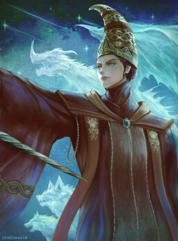 1girl absurdres black_hair blue_eyes blue_gemstone blue_robe brooch conical_hat cowboy_shot crest dragon dutch_angle elden_ring fighting_stance gem high_collar highres holding holding_scepter holding_staff holding_weapon jeweled_hat jewelry large_hat long_sleeves looking_ahead night outstreched_arm pointy_hat red_sash rennala_queen_of_the_full_moon robe sash scepter shooting_star short_hair silver_scepter sky spirits staff star_(sky) starry_sky summoning tall_hat uchi_vs_the_world weapon wide_sleeves witch wolf