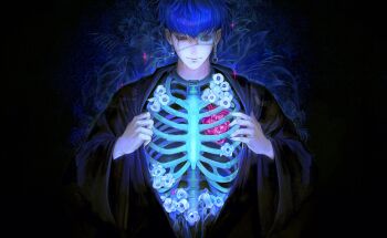 1boy black_haori black_kimono blue_eyes blue_hair chinese_commentary commentary_request earrings exposed_bone eye_print eyepatch face_piercing facial_mark flower haidai_qingtang_(biology447) haori heart_(organ) highres japanese_clothes jewelry kimono looking_down male_focus omokage_yugamu open_clothes open_kimono piercing print_eyepatch pulling_own_clothes ribs short_hair solo the_hundred_line_-last_defense_academy- white_flower