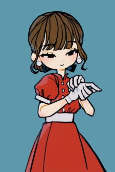 1girl adjusting_clothes adjusting_gloves black_hair blue_background brown_hair closed_mouth commentary_request cowboy_shot dress earrings gloves highres jewelry looking_down okubatomaeba original puffy_short_sleeves puffy_sleeves red_dress short_hair short_sleeves simple_background smile solo white_gloves