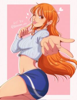 1girl ass_peek blossom_uto blue_skirt breasts brown_eyes commentary cropped_sweater earrings english_commentary feet_out_of_frame finger_to_cheek from_side hair_behind_ear heart highres jewelry long_hair long_sleeves looking_at_viewer medium_breasts midriff miniskirt nami_(one_piece) one_piece orange_hair outside_border outstretched_arm pearl_earrings pink_background ribbed_sweater skirt solo sparkle sweater thighs tongue tongue_out turtleneck turtleneck_sweater twitter_username