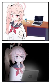 1girl 2koma absurdres ahoge antenna_hair black_background blue_archive cake cake_slice closed_mouth comic commentary_request computer desk drink_carton flower food frown grey_sailor_collar hair_flower hair_ornament halo highres laptop long_hair long_sleeves looking_at_object looking_at_viewer milk milk_carton natsu_(blue_archive) neckerchief no_pupils parted_lips photo-referenced pink_halo plate red_eyes red_neckerchief remise sailor_collar shirt side_ponytail simple_background smile standing thumbs_up v-shaped_eyebrows white_background white_shirt