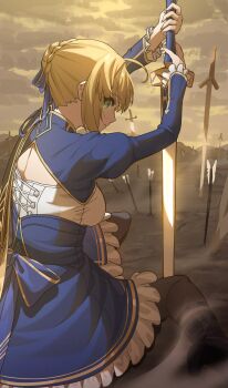 Rule 34 | 1girl, absurdres, ahoge, arrow (projectile), artoria pendragon (fate), blue ribbon, braid, breasts, closed mouth, cloud, commentary request, dress, dunggeul dunggeul, excalibur (fate/stay night), fate/stay night, fate/unlimited blade works, fate (series), green eyes, hair ribbon, highres, honkai: star rail, honkai (series), looking at viewer, medium breasts, official alternate costume, outdoors, planted, planted arrow, planted sword, planted weapon, profile, ribbon, saber (fate), saber (honkai: star rail) (fate), sky, solo, sword, weapon