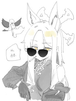 animal_ears black_gloves blue_archive china_dress chinese_clothes dress gloves halo highres korean_text looking_at_viewer partially_colored samsick seia_(blue_archive) simple_background smoking speech_bubble sunglasses white_background yellow_eyes