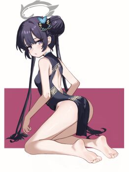 1girl :/ absurdres ass back back_cutout bare_arms bare_legs bare_shoulders barefoot black_dress black_eyes black_hair blue_archive braid braided_bun breasts bug butterfly butterfly_hair_ornament china_dress chinese_clothes closed_mouth clothing_cutout diamond_cutout dot_nose double_bun dragon_print dress feet from_behind frown full_body grey_halo hair_between_eyes hair_bun hair_ornament halo highres hip_vent insect kisaki_(blue_archive) kneeling leaning_forward loli long_hair looking_at_viewer looking_back no_panties pelvic_curtain shiny_skin sidelocks simple_background sleeveless sleeveless_dress small_breasts soles solo straight_hair thighs toes twintails very_long_hair white_background xiaoxiaoyifan