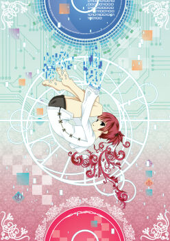 Rule 34 | 1girl, aura (enneuni), barefoot, binary, black eyes, black shorts, border, circuit board, digital dissolve, fetal position, folded ponytail, highres, katawa shoujo, ornate border, parted lips, red hair, short hair, shorts, solo, sweater, tezuka rin, white sweater