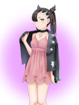 1girl absurdres asymmetrical_bangs black_choker black_hair black_jacket black_nails breasts choker cleavage cowboy_shot dress dusk_ball ear_piercing gradient_background green_eyes hair_ribbon highres holding holding_poke_ball jacket jacket_on_shoulders looking_at_viewer marnie_(pokemon) nintendo parted_lips piercing pink_dress poke_ball pokemon pokemon_swsh purple_background ribbon shun_(aptx4869-shellingford) small_breasts solo twintails undercut white_background