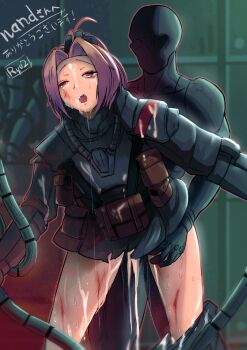 1boy 1girl armor bleeding blood bottomless character_request crying cum cum_on_body cum_on_clothes cum_on_legs cum_on_upper_body cumdrip drooling faceless faceless_male facial forced grabbing_another's_hair hetero highres holding_another's_hair japanese_text matching_hair/eyes open_mouth pouches purple_eyes purple_hair rape saliva saliva_trail scratches sex sex_from_behind standing standing_sex tears teeth the_citadel tongue upper_teeth_only