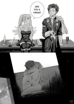 1boy 1girl are_you_a_virgin?_(meme) arms_around_neck book breasts butt_crack candle claude_von_riegan closed_eyes cup desk english_text fire_emblem fire_emblem:_three_houses girl_on_top hilda_valentine_goneril inkwell kiss looking_at_another monochrome nintendo nude quill school_uniform sex sideboob sitting skirt speech_bubble spilling straddling sweat tamafry teacup thighhighs twintails vaginal