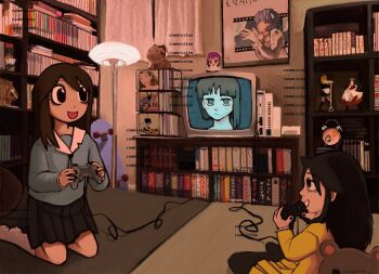 :d absurdly_detailed_composition ayanami_rei azumanga_daioh's_school_uniform azumanga_daiou bags_under_eyes bedroom black_eyes black_hair black_nails black_pantyhose black_skirt blazer blue_shirt bookshelf brown_hair commission controller crt eyeshadow figure fumo_(doll) game_console game_controller hair_between_eyes holding holding_controller holding_game_controller iwakura_lain jacket kasuga_ayumu kneeling kuroki_tomoko lamp loaded_interior long_hair long_sleeves makeup mayaa_(azumanga_daioh) multiple_girls neon_genesis_evangelion no_shoes on_bed open_mouth pantyhose playing_games playstation_2 playstation_controller pleated_skirt poster_(object) sailor_collar school_uniform serafuku serial_experiments_lain shirt shoes skateboard skirt smile stuffed_animal stuffed_toy t0mokinnie television watashi_ga_motenai_no_wa_dou_kangaetemo_omaera_ga_warui! watermark white_sailor_collar white_shoes yellow_jacket yellow_skirt