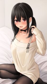 Rule 34 | 1girl, :d, armpit crease, bare shoulders, bed sheet, black bow, black choker, black hair, black pantyhose, blush, bow, breasts, choker, cleavage, collarbone, hair between eyes, hand in own hair, highres, large breasts, long hair, long legs, long sleeves, looking at viewer, no shoes, on bed, open mouth, original, panties, pantyhose, pantyshot, ramchi, sitting, smile, solo, sweater, underwear, yandere-chan (ramchi)