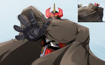 brown_cloak cloak daizyuzin gattai hand_up highres horns kyouryuu_sentai_zyuranger machine mecha no.1_sentai_gozyuger no_humans photo-referenced robot super_robot super_sentai tobitobi90 tokusatsu