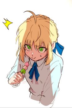 1girl ^^^ ahoge artoria_pendragon_(fate) blonde_hair blue_bow blue_ribbon blush bow braid braided_bun closed_mouth collared_shirt commentary cropped_torso dango eating fate/stay_night fate_(series) food green_eyes hair_between_eyes hair_bow hair_bun hand_up highres holding holding_skewer long_sleeves looking_afar looking_up neck_ribbon nedameman puffy_long_sleeves puffy_sleeves ribbon saber_(fate) shadow shirt short_hair sidelocks simple_background skewer solo sweatdrop untranslatable_commentary upper_body v-shaped_eyebrows wagashi white_background white_shirt