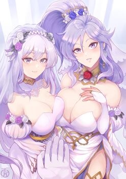 1other 2girls asymmetrical_docking bare_shoulders breast_press breasts bridal_gauntlets bridal_veil bride cleavage dress earrings fire_emblem fire_emblem:_genealogy_of_the_holy_war fire_emblem_heroes flower gloves grey_eyes grey_hair grin hair_between_eyes hair_flower hair_ornament hand_on_own_chest head_tilt high_ponytail highres ishtar_(bride)_(fire_emblem) ishtar_(fire_emblem) jewelry julia_(bride)_(fire_emblem) julia_(fire_emblem) large_breasts long_hair long_sleeves looking_at_viewer medium_breasts multiple_girls nintendo official_alternate_costume outstretched_arm ponytail pov purple_eyes purple_hair revolverwing see-through_clothes see-through_veil smile thighs veil very_long_hair wedding_dress white_hair