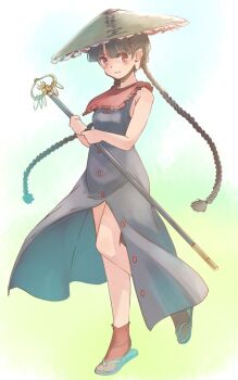 1girl armpit_crease bare_shoulders black_hair blush braid breasts capelet commentary_request dress frilled_capelet frills full_body green_background grey_dress hat holding holding_staff knees long_earlobes long_hair one-hour_drawing_challenge parted_lips partially_unbuttoned rangycrow red_capelet red_eyes red_socks sandals shakujou sleeveless sleeveless_dress small_breasts smile socks solo staff straw_hat tabi touhou twin_braids yatadera_narumi