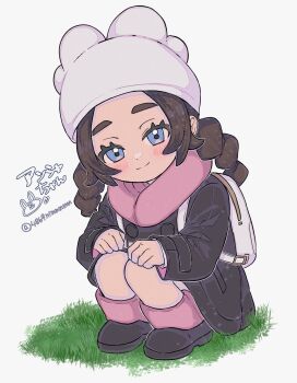 1girl ansha_(pokemon) bag black_coat black_hair blue_eyes blush braid closed_mouth coat eyelashes grass hat highres leg_warmers long_hair long_sleeves looking_at_viewer natsun_(4869ntmmmmm) nintendo pink_leg_warmers pink_scarf pokemon pokemon_legends:_z-a scarf shoes smile solo squatting twin_braids white_bag white_hat winter_clothes winter_coat
