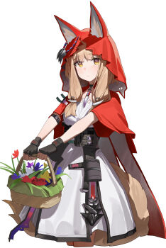 1girl absurdres animal_ear_fluff animal_ears arknights arknights:_endfield belt black_gloves blonde_hair cape chinese_commentary commentary_request dress fingerless_gloves gloves high-waist_belt highres hood hooded_cape jewelry long_hair looking_at_viewer low-tied_sidelocks necklace red_cape rossi_(arknights) sidelocks simple_background solo tail tooth_necklace user_505240092 white_background white_dress wolf_ears wolf_girl wolf_tail yellow_eyes
