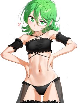 1girl absurdres armpits bikini black_bikini breasts closed_mouth collarbone commentary cowboy_shot english_commentary frills green_eyes green_hair hair_between_eyes hands_on_own_hips heart highres looking_at_viewer medium_hair navel one-punch_man pubic_hair pubic_hair_peek simple_background small_breasts solo stomach swimsuit tatsumaki tatsumaki_(chapter_212_cover) thighs v-shaped_eyebrows waligner white_background
