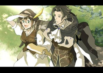 1boy 1girl arm_up ascot backpack bag black_capelet black_eyes black_hair brown_hair brown_vest capelet chinese_commentary commentary_request cyrus_albright double-parted_bangs dress frilled_sleeves frills from_above gem gold_trim grass green_eyes grey_bag hat hat_feather holding holding_paper hood hood_down kachidama letterboxed long_sleeves looking_ahead low_ponytail octopath_traveler octopath_traveler_i open_mouth outdoors outside_border paper plain ponytail purple_gemstone ribbon rock shirt short_hair short_sleeves side-by-side signature smile tressa_(octopath_traveler) tressa_colzione vest white_ascot white_ribbon white_shirt