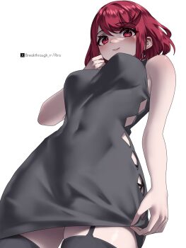 1girl bare_shoulders black_dress black_thighhighs breasts covered_erect_nipples cowboy_shot dress garter_straps highres large_breasts pyra_(xenoblade) red_eyes red_hair riro_(breakthrough_rr) simple_background solo thighhighs white_background xenoblade_chronicles_(series) xenoblade_chronicles_2