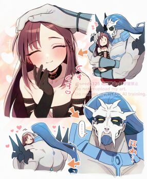 1boy 1girl bare_shoulders black_dress black_gloves blue_hair blush brown_hair caress closed_eyes closed_mouth commentary_request couple dress fate/grand_order fate_(series) gloves hand_on_another's_head happy heart hetero long_hair looking_at_another multiple_views seeds328 smile twitter_username watermark xiang_yu_(fate) yu_mei-ren_(fate) yu_mei-ren_(second_ascension)_(fate)