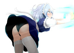 Rule 34 | 1girl, absurdres, apron, ass, bent over, black panties, blue eyes, blue shirt, blue skirt, clothes lift, commission, energy ball, grey hair, highres, izayoi sakuya, lace, lace-trimmed panties, lace trim, maid, maid apron, onaho (otayoku), panties, pixiv commission, puffy short sleeves, puffy sleeves, shirt, short sleeves, skirt, skirt lift, solo, thighhighs, touhou, underwear, white thighhighs