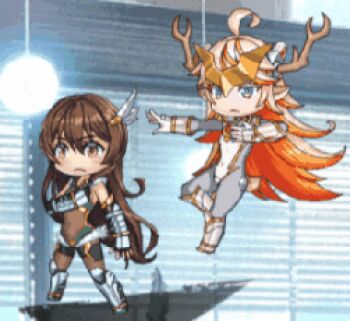 00s 2boys androgynous animated animated_gif bare_shoulders blush bodysuit boots brown_hair chibi electricity fighting_stance full_body gloves leotard lilith-soft long_hair looking_to_the_side lowres multiple_boys orange_hair pink_eyes shiny_skin taimanin_(series) taimanin_rpgx takemikazuchi_(taimanin_series) teamwork trap uehara_shikanosuke very_long_hair