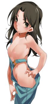 1girl black_eyes black_hair blush breasts breasts_out female_focus flat_chest jojo_no_kimyou_na_bouken kochiya_(gothope) loli long_hair looking_at_viewer naked_overalls nipples overalls runaway_girl_(jojo) simple_background small_areolae small_nipples solo transparent_background wardrobe_malfunction white_background