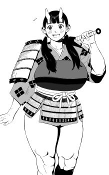 1girl :d armor blush breastplate breasts dungeon_meshi greyscale highres holding holding_weapon horns inutade japanese_armor knees large_breasts looking_to_the_side low_twintails monochrome notice_lines oni open_mouth riki_(riki_unc) shoulder_armor smile sode standing teeth thick_thighs thighs twintails weapon wide_hips