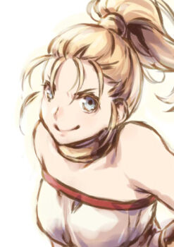 1girl bare_shoulders blonde_hair blue_eyes breasts chrono_trigger closed_mouth jewelry long_hair looking_at_viewer lowres marle_(chrono_trigger) ponytail simple_background smile solo white_background yokutsuki_noa