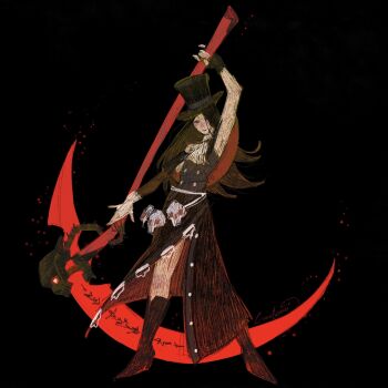 1other androgynous ascot asymmetrical_gloves black_background black_hair boots cape crotch_plate crowberri fingerless_gloves gloves guilty_gear guilty_gear_strive hat highres holding holding_scythe long_hair looking_at_viewer other_focus red_eyes scythe simple_background skull smile solo solo_focus standing testament_(guilty_gear) white_ascot